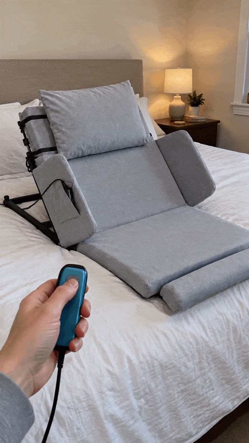Restora on the bed with the one-button remote