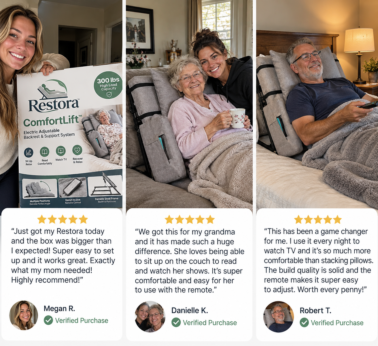Restora customer reviews from Megan R., Danielle K., and Robert T.